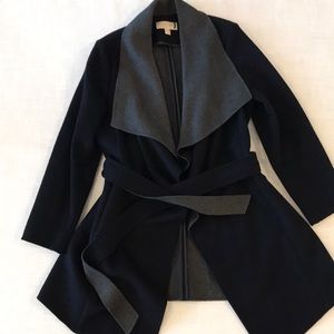 Michael Kors Wrap and Tie Coat, blue and gray, size Large